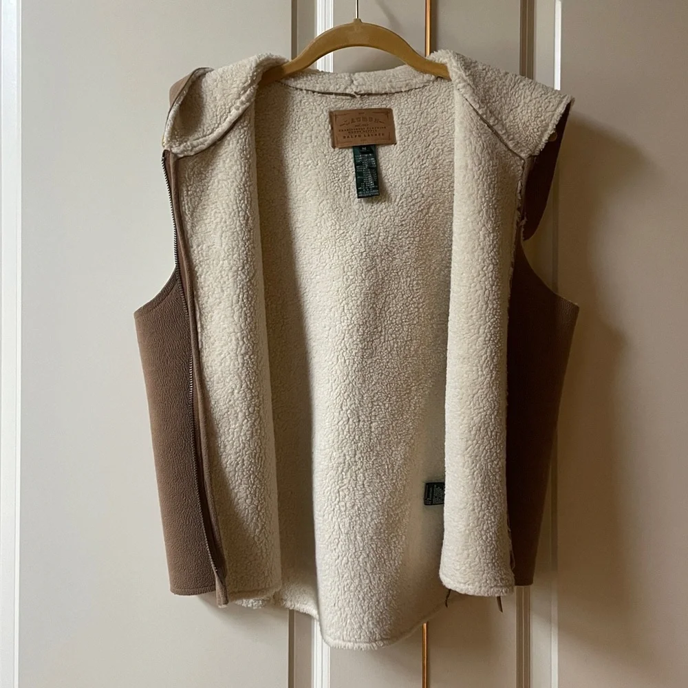 Like New Ralph Lauren Authentic Camel Suede And Sherpa Hooded Zip up Vest - Picture 3 of 7